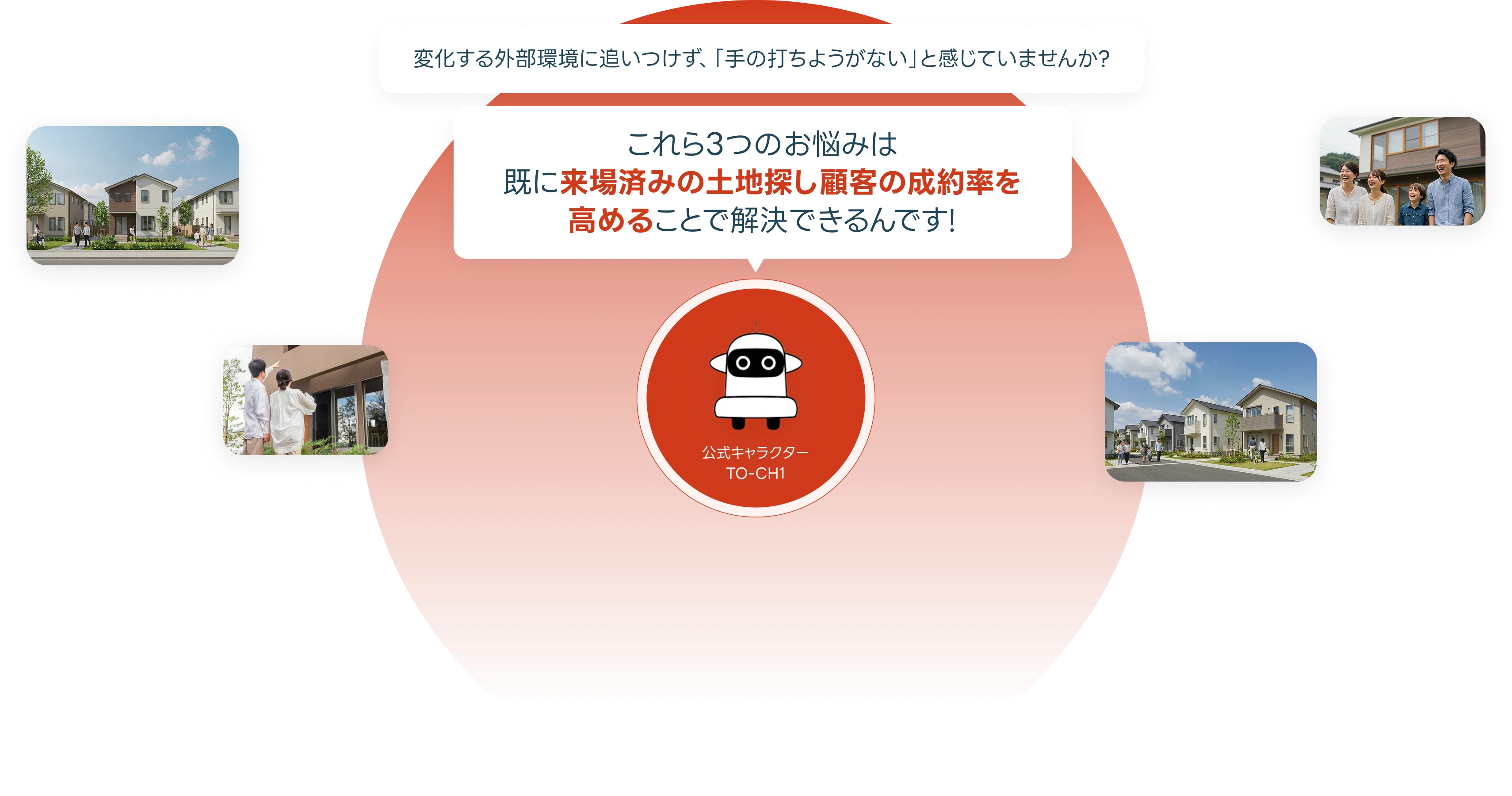 変化する外部環境に追いつけず、「手の打ちようがない」と感じていませんか？これら３つのお悩みは既に来場済みの土地探し顧客の成約率を高めることで解決できるんです！